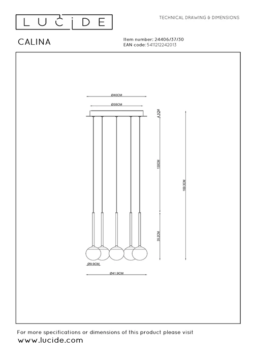 Lucide CALINA - Pendant light - Ø 41,9 cm - LED Dim. - CCT - 5x7,4W 2200K/3300K - Black | Premium - technical